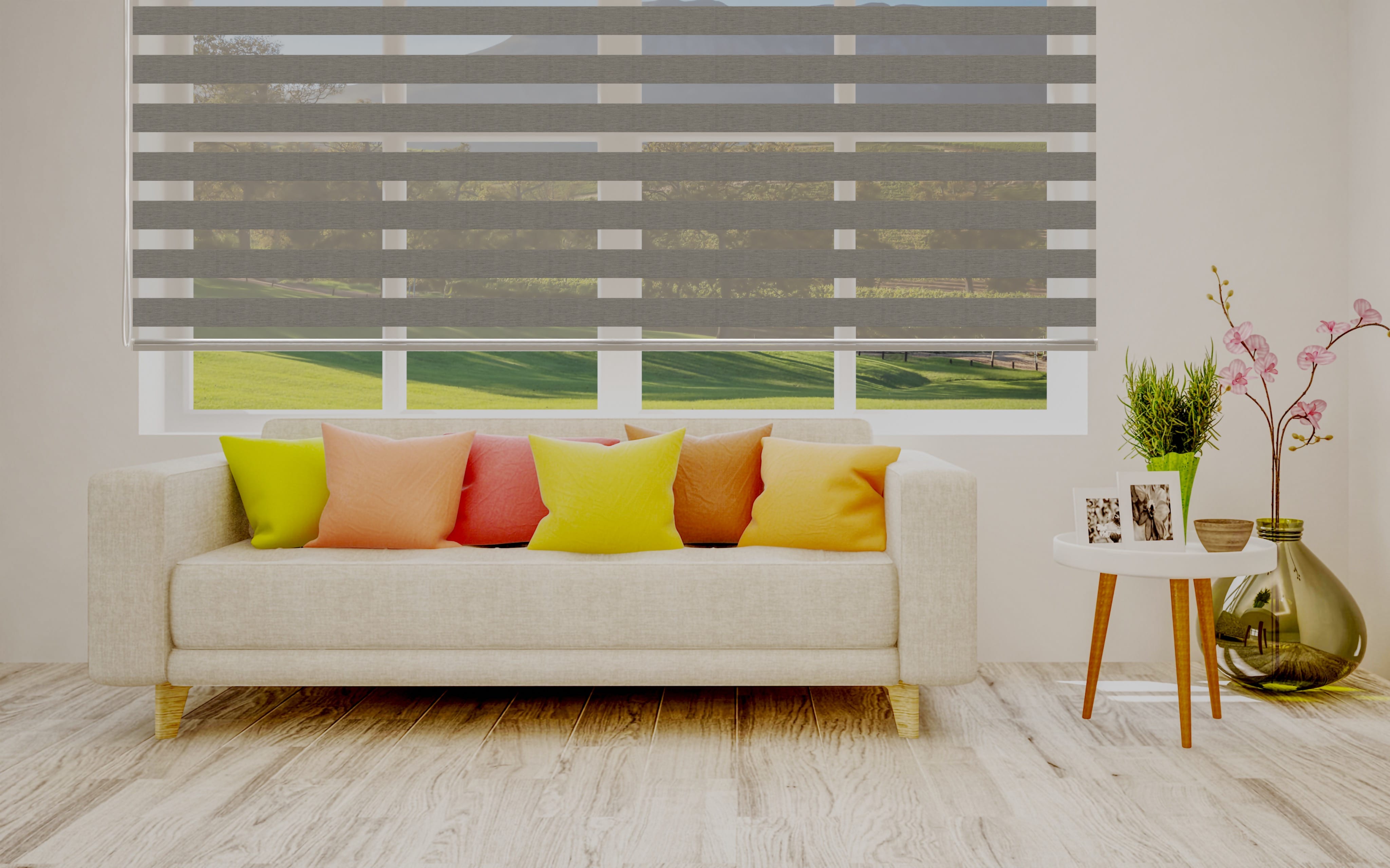 Cortinas Roller Duo Blackout Gris en la Sala